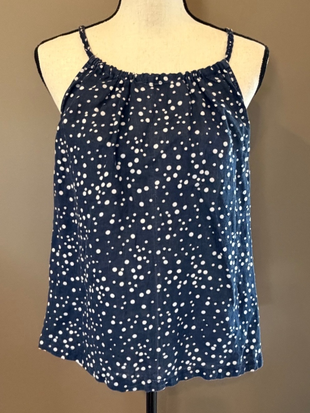NWT Cynthia Rowley Navy Polka Dot 100% Linen Braided Halter Top, Size XL